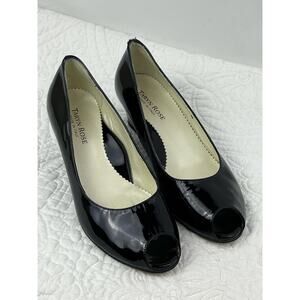 Taryn Rose Womens 36M (5.5 US Size) Black Patent Slip On Wedge Heel Peekaboo Toe